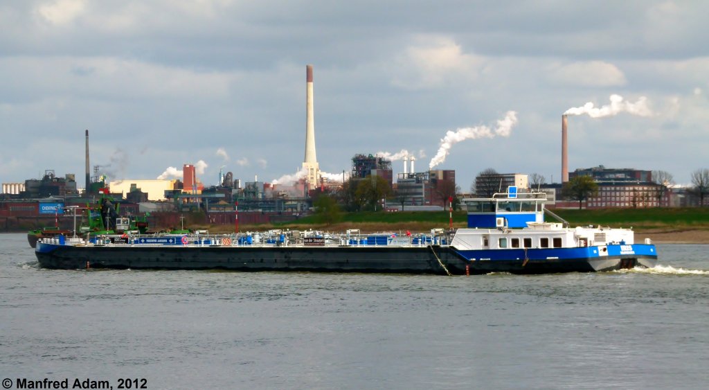 TMS Iris, ENI 02332983, am 01.04.2012 bei Krefeld-Uerdingen/Rhein zu Tal fahrend. Lnge: 86,00 m, Breite: 9,60 m, Tiefgang: 3,10 m, Tonnage: 1644 t, Leistung: 746 kW,Baujahr 2010.