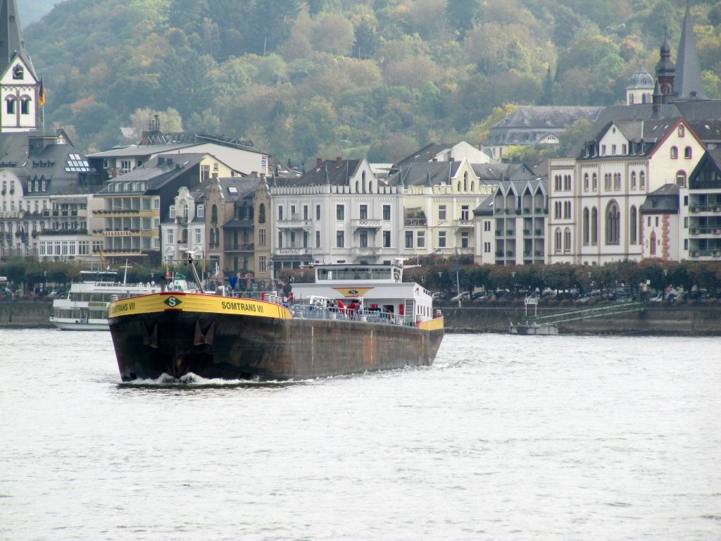 TMS Somtrans VII am 07.10.2010 a.d. Rhein zu Tal zwischen Boppard und Filsen. Im Hintergrund ist Boppard.