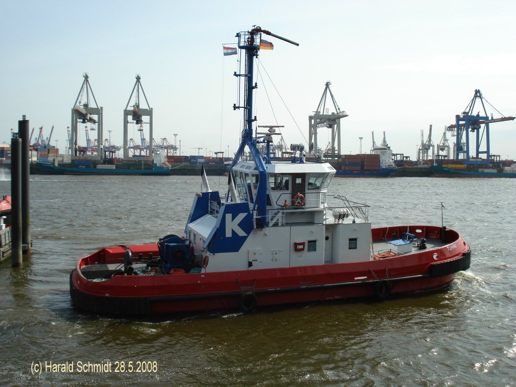 TUMAK   (1994) (Kotug)  (IMO 8521127) am 28.5.2008, Hamburg, Schlepperponton Neumhlen, Ablegemanver /
Ex Germania (1987-1994)
Schlepper / BRZ 245 / La 27,58 m, B 9,10 m, Tg. 5,37 m / 2.370 kW, 10,8 kn, Pfahlzug 40,0 t / 1987 bei Cantiere Navale 'Ferrari' S.p.A., La Spezia, Italy
