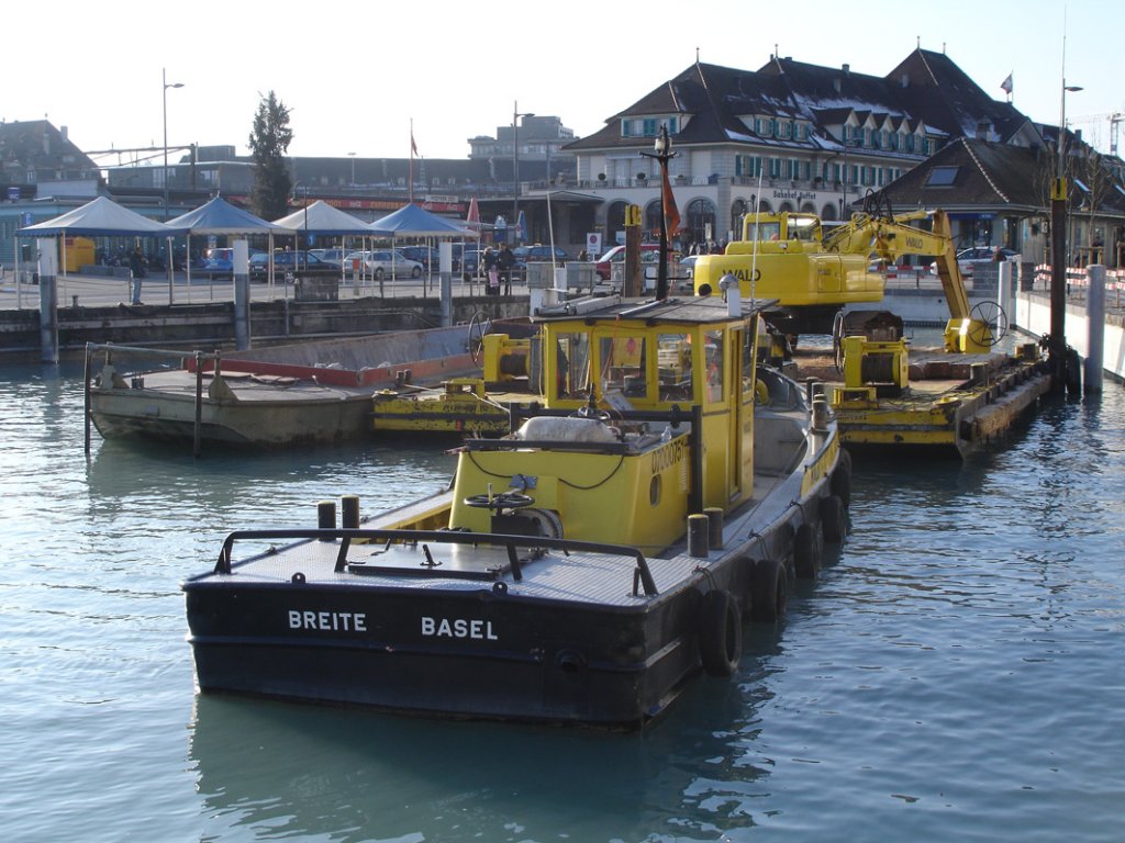 Unterwasserbauarbeiten im Schifffahrtskanal im Zusammenhang mit dem Hochwasserstollen bei der Lndte in Thun. Beim MS handelt es sich um die  Breite  Nr. 07000751 der Baufirma Walo mit Heitmathafen Basel. 09-02-2009