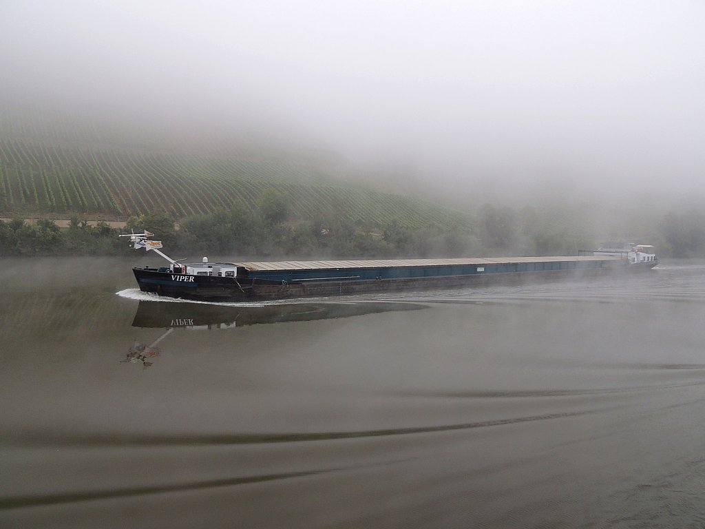 VIPER(06003516; L=110; B=9,5mtr; 2300t; Bj.1987) taucht bei Mehring an der Mosel aus einer Nebelwand; 120827