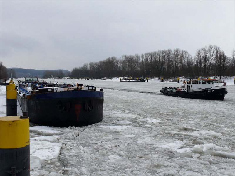 Whrend das Tankschiff  JAKOB GERHARDT  im Eis der Elbe zwangsweise pausieren muss, kommt der nach Hamburg beorderte Eisbrecher WIDDER vorbei; oberer Schleusenkanal Gessthacht, 08.02.2010
