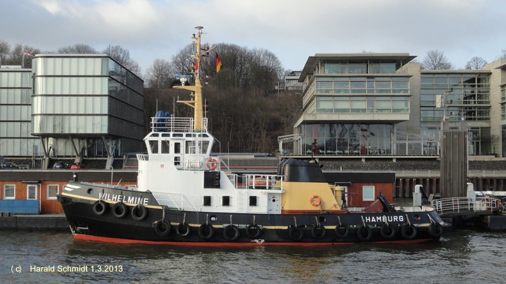 WILHELMINE (4)  (IMO 8007133) am 1.3.2013, Hamburg, Schlepperponton Neumhlen / 

GT 189 / La 26,19 m, B 8,84 m, TG 4,4 m / 2 Schottel, 2 Diesel, 4-Takt 6-Zyl. K.H.Deutz SBA6M528, ges. 1280 kW (1740 PS), 11kn, Pfahlzug 27 t / 1980 bei Mtzelfeldtwerft, Cuxhaven / Reederei Petersen & Alpers, Hamburg / Flagge: D, Heimathafen: Hamburg

