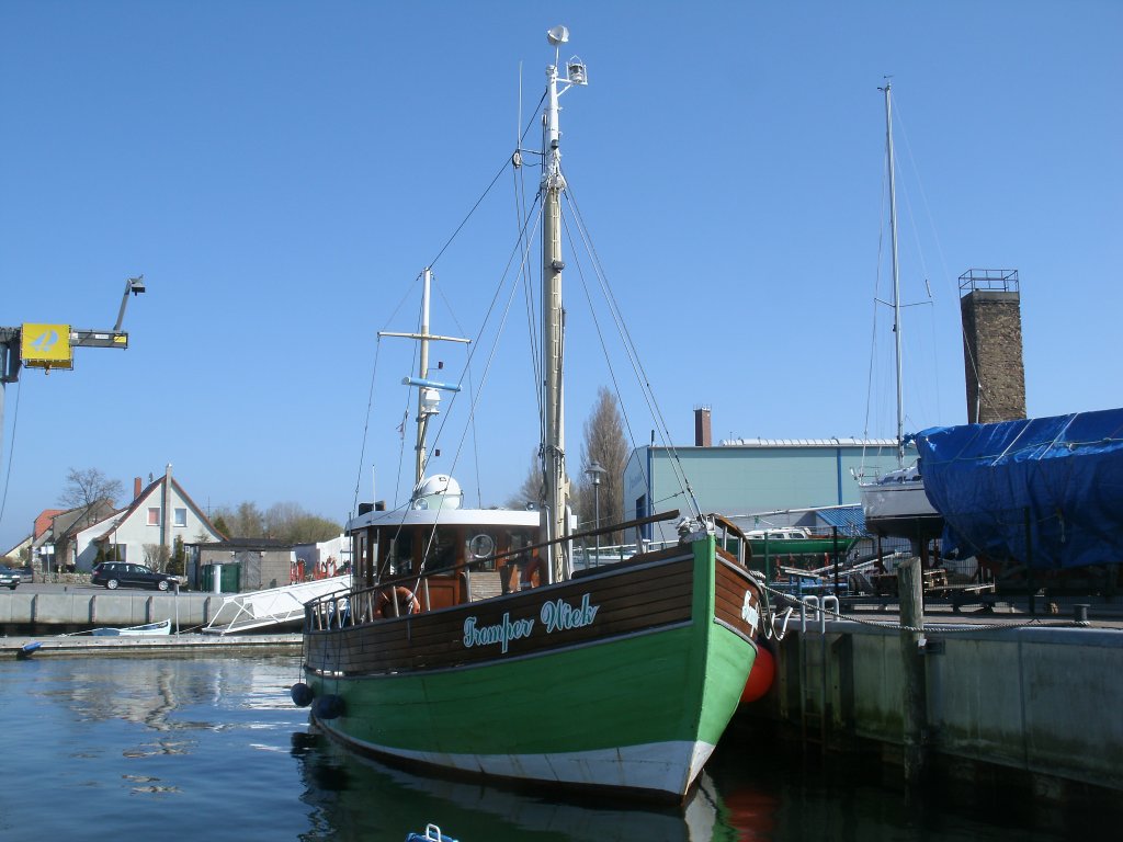 Zu Angelfahrten startet der ehmalige Fischkutter  TROMPER WIEK  vom Hafen in Wiek/Rgen aus.Aufgenommen am 05.Mai 2013.