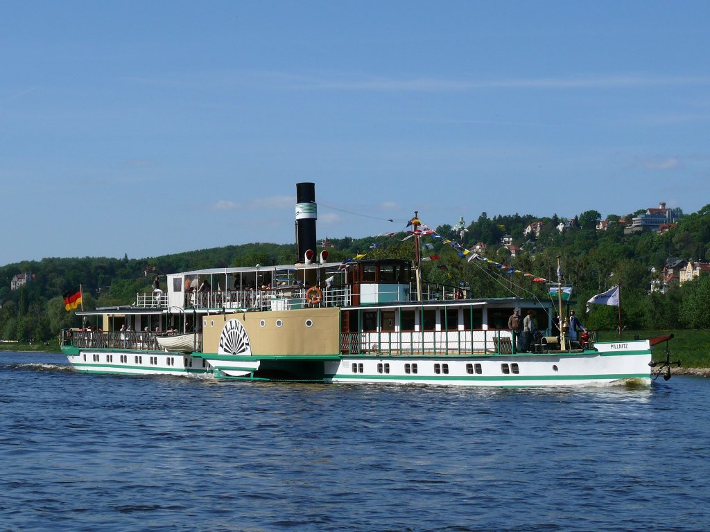 Zur Dampferparade am 01. Mai 2011 war freilich auch der 125 Jahre alte PD PILLNITZ mit dabei - ber die Toppen geflaggt. Mit seinen ex-Namen  Weltfrieden ,  Pillnitz ,  Diesbar ,  Elida ,  Diesbar ,  Knigin Carola  ist er der am hufigsten umbenannte Dampfer der Dresdner Dampferflotte, hier elbaufwrts vor Dresden-Loschwitz.
