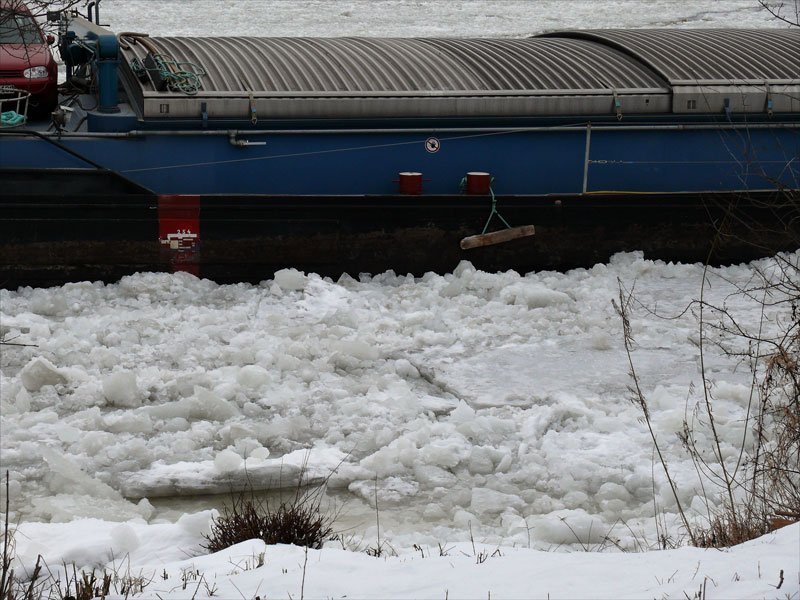 Zwangspause im Eis der Elbe (4):  Bremer Roland , Magdeburg (04603230) auf dem oberen Schleusenkanal in Geesthacht; 08.02.2010
