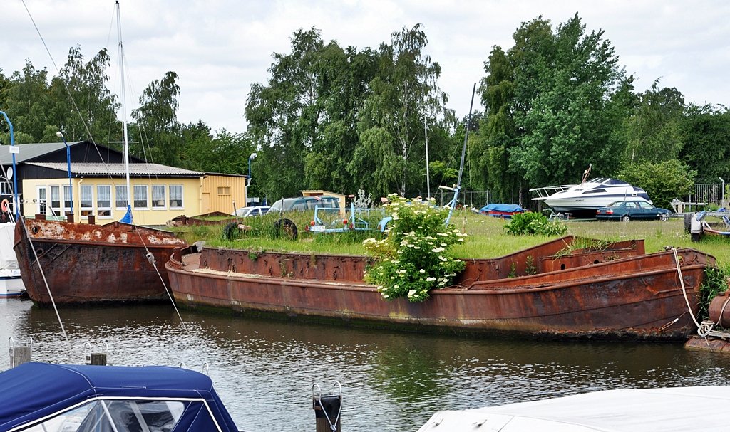 zwei alte Schuten bilden seit Jahren, es knnen wohl ber 30 sein, die Hafenbegrenzung im Andershofer Anglerhafen, 16.06.09