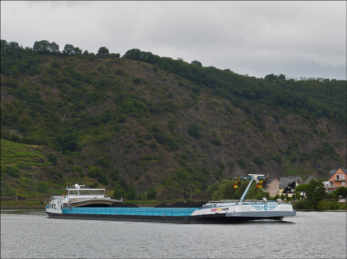 . Frachtschiff “GOTCHA”  ENI 06003884 ; L 110 m ; B 11,45 m ; T 2668 ; Bj 2003 ; frherer Name “LIGA” aufgenommen am 20.06.2014 auf der Mosel nahe Kattenes.