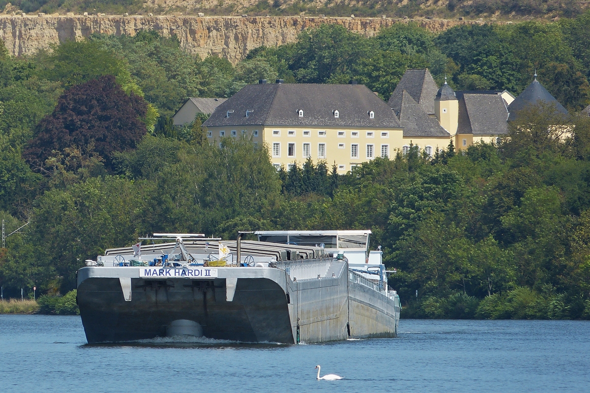 . Schubverband  MARK HARDI I  und Leichter  MARK HARDI II  Flußaufwärts auf der Mosel unterwegs, er wird in kürze an Remich (L) vorbeifahren. Im Hintergrund ist das Schloß Thorn nahe Nennig zusehen. 30.08.2015.