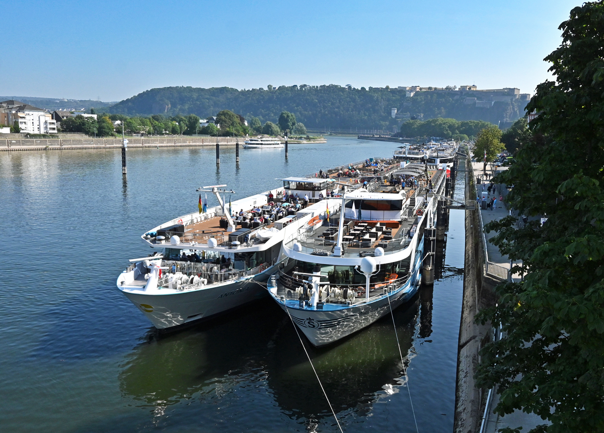 6 KFGS (vorne rechts die THURGAU PRESTIGE) vertaut am Peter-Altmeier-Ufer (Mosel) in Koblenz. In Hintergrund das Deutsche Eck und die Festung Ehrenbreitstein - 08.09.2021