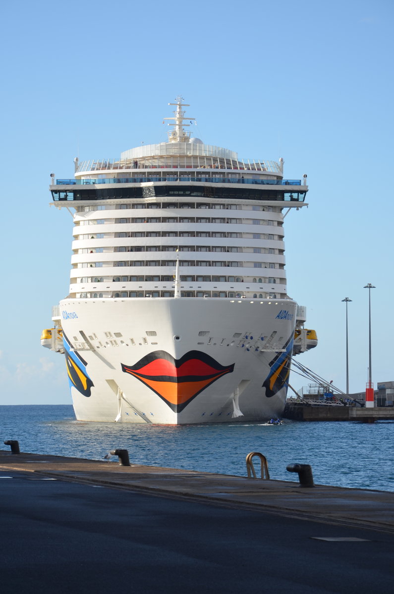 AIDAnova, Das Schiff ist das erste Kreuzfahrtschiff, das vollständig mit flüssigem Erdgas (LNG) betrieben werden kann. Getauft am 31.08.2018. Gebaut in der Meyerwerft Papenburg. Länge:337 m, Breite: 42 m, Besatzung 1500, Passagiere 6600, IMO: IMO 9781865.Gesehen in Arrecife Lanzarote am 05.12.2019.