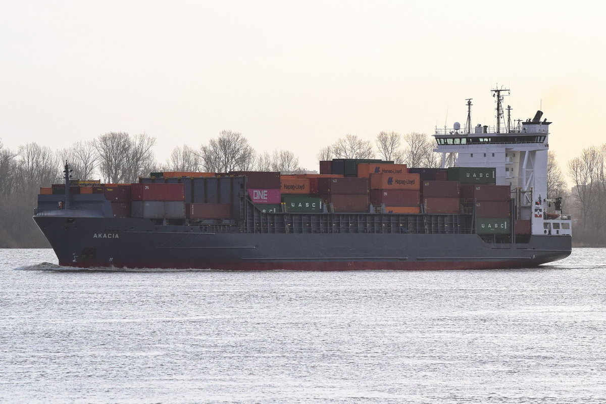 AKACIA , Feederschiff , IMO  9315020 , Baujahr 2004 , 149.14 × 22.74m , 1008 TEU , 16.03.2019 , Grünendeich