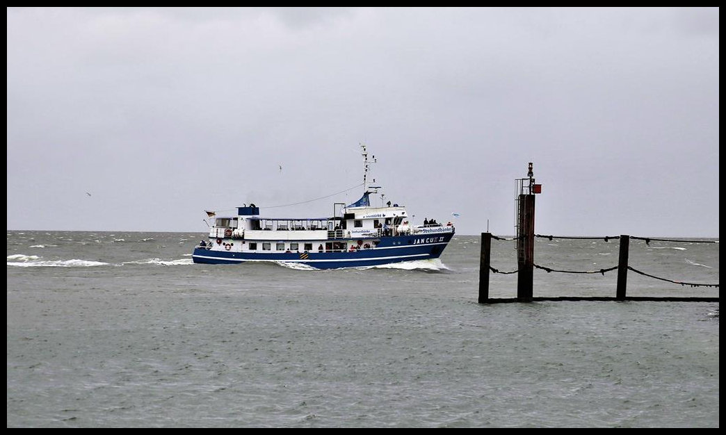 Am 17.8.2021 war trotz rauer See reger Passagierverkehr im und rund um den Hafen Cuxhaven zu verzeichnen. Hier kommt gerade das Rundfahrtschiff JanCux II von den Seehundbänken zurück.