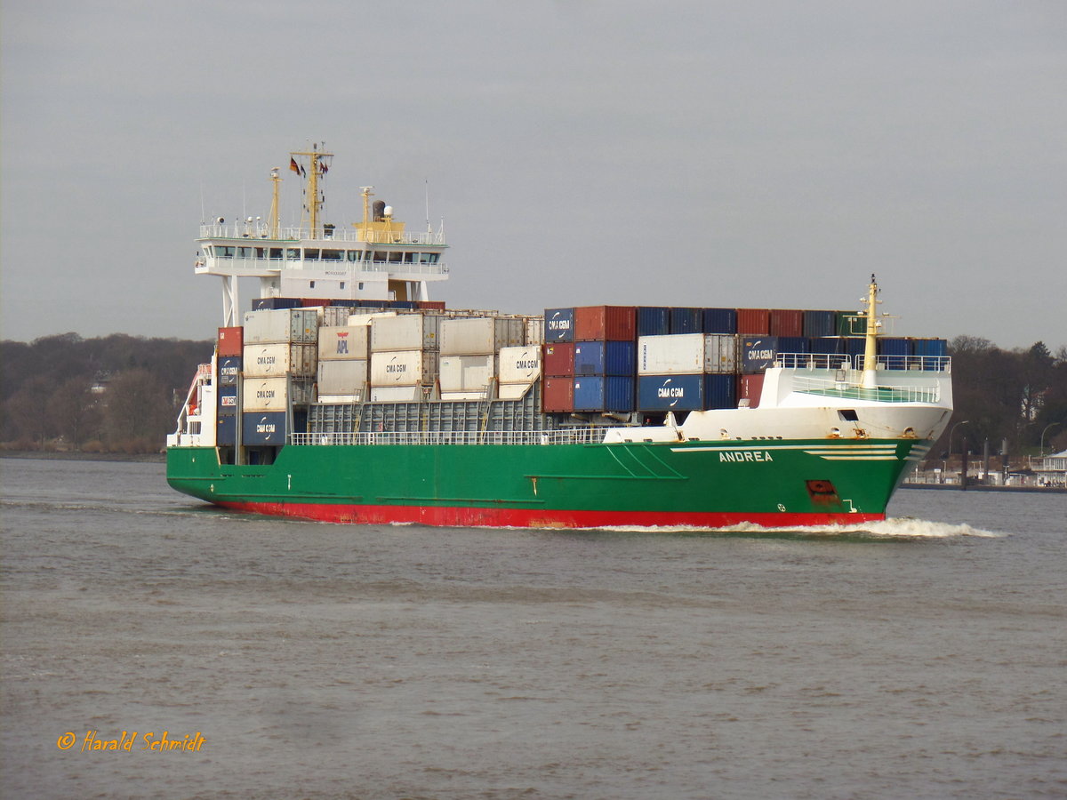 ANDREA (IMO 9333357) am 16.3.2017, Hamburg, Elbe Höhe Finkenwerder /
Ex-Name: ANDREA EHLER /
Feederschiff / BRZ 9.981 / Lüa 134,4 m, B 22,5 m, Tg 8,7 m / 1 Diesel, MaK 9M43, 8.508 kW (11.570 PS), 18,5 kn / 868 TEU, davon 204 Reefer / gebaut 2005 bei Sietas, HH-Neuenfelde /  Flagge. Gibraltar /
