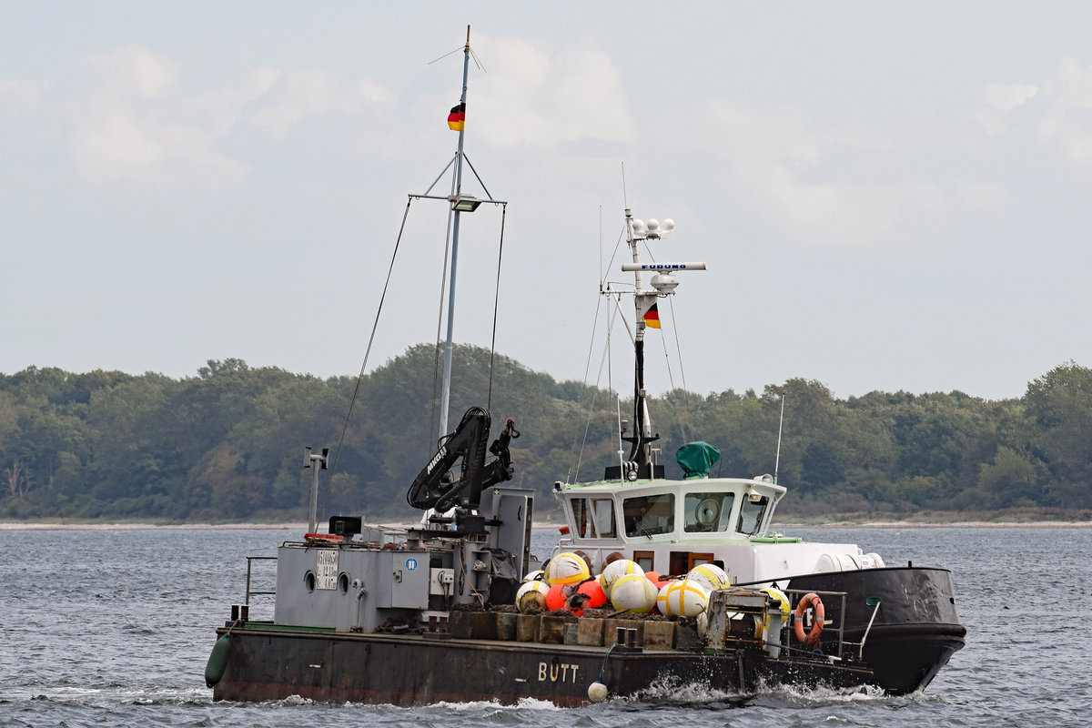 Arbeitsponton BUTT Butt (Europanummer 05104650) und Schlepper BÜFFEL am 20.9.2018 Lübeck-Travemünde einlaufend