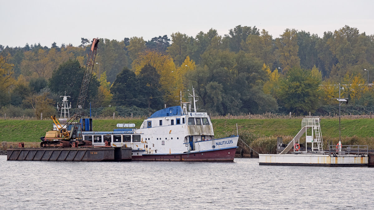 Arbeitsponton TR VIII am 20.10.2020 bei der Herreninsel in Lübeck. Im Bild ist ferner das ehemalige Restaurantschiff NAUTILUS, welches schon bereits seit längerer Zeit  dahinrottet , zu sehen.