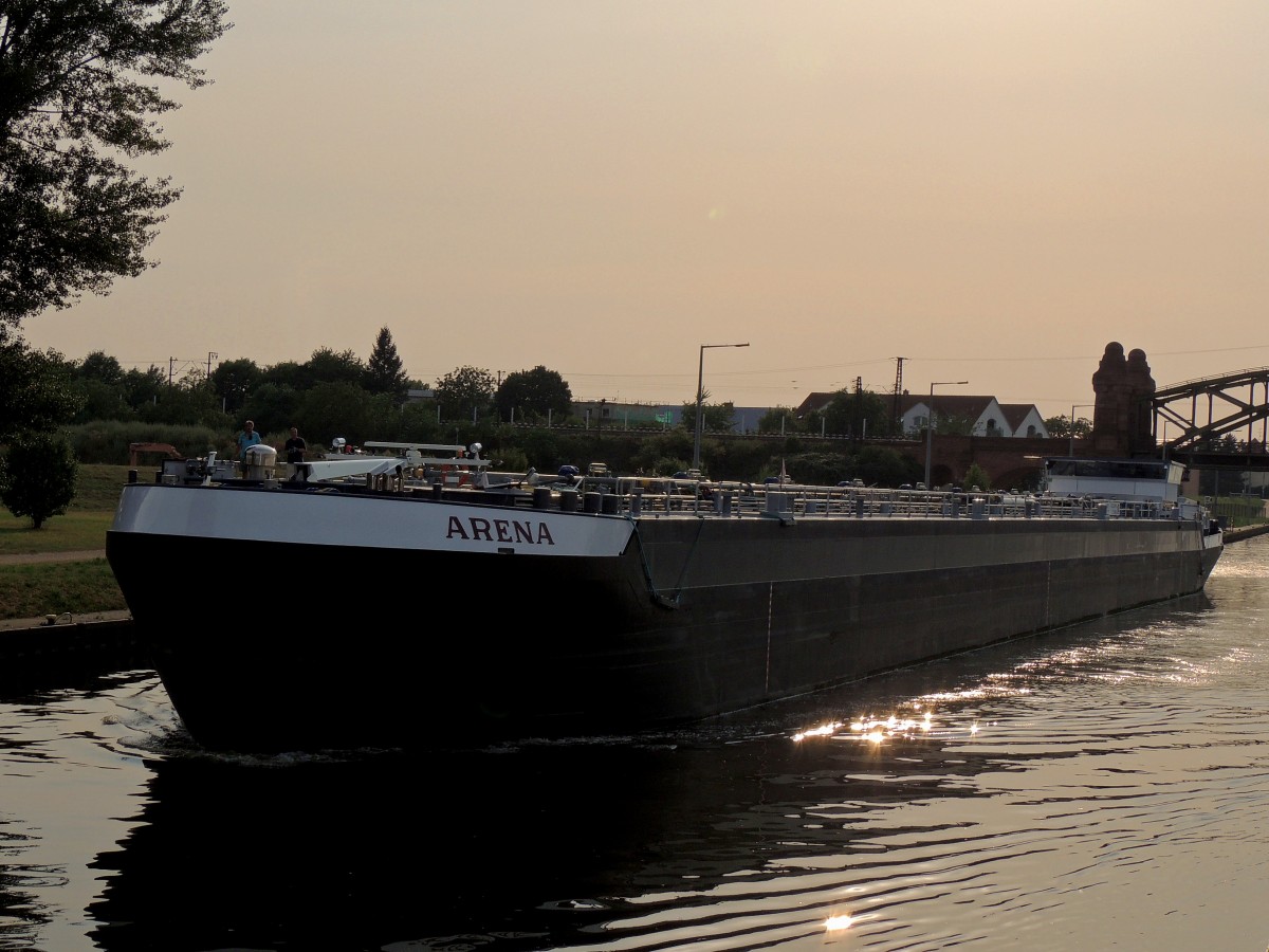 ARENA(02333091; L=110; B=11,45m; 3420t; 560PS; Bj.2010)und die letzten Sonnenstrahlen im Bereich der Eisenbahnbrücke Gustavsburg÷Hochheim am 120821