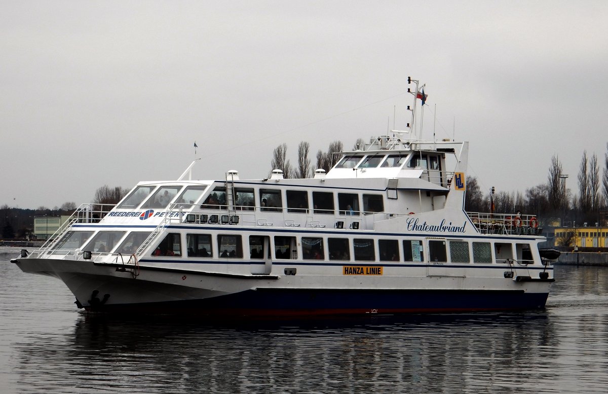 Ausflugsschiff MS Chateaubriand am 23.03.18 in Swinemünde (Polen)