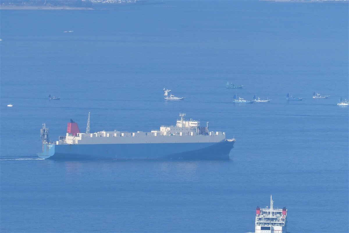 Autotransporter mit unbekanntem Namen, und Ro-Ro/Passagierschiff  KANAYA MARU  (rechts-unten), im 09.01.2023, Uraga-Kanal, Bucht von Tokio.