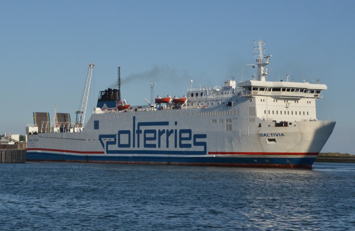 BALTIVIA, ein RoRo-Schiff. IMO: 7931997, Heimathafen Panama, Baujahr: 1998,
L:147,01m, B:24,41m, 19kn, bis 170 Passagiere, Lademeter: 1400, EX-Namen: Sagaland, Sagastern, Girolata, Dippe. Gesehen im Hafen von Ystad am 22.07.2014.