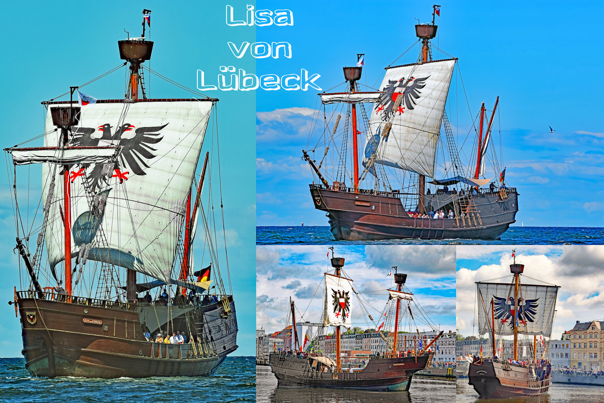 Bildcollage von der Kraweel LISA VON LÜBECK. Linke und obere Aufnahme entstanden am 1.7.2018, als das Schiff sich in der Ostsee vor Travemünde befand. Untere Bilder habe ich am 24.5.2014 in Lübeck während des  Hansetags  aufgenommen