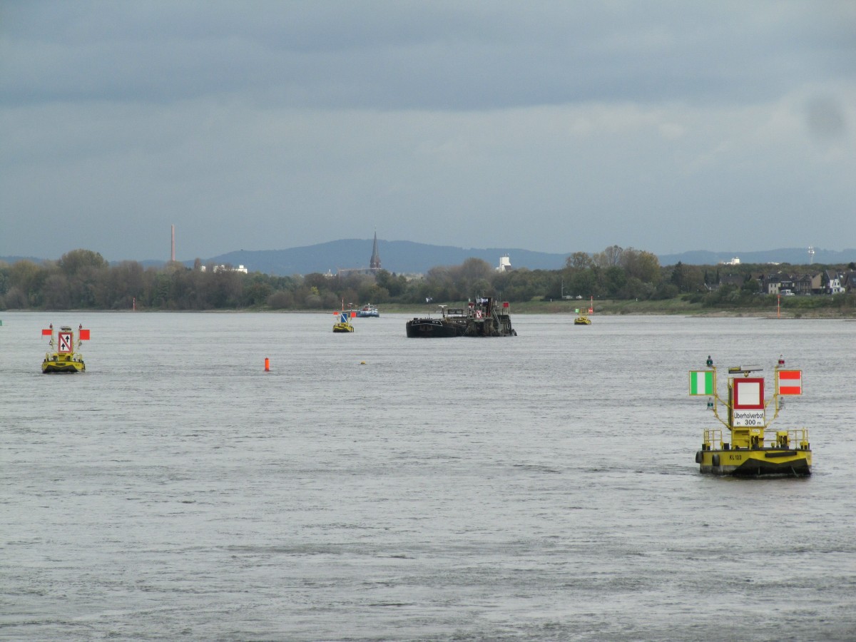 Binnenschifffahrtszeichen auf dem Rhein bei km 672/673 am 22.10.2014. Dort wurde eine Baustelle / Baggerarbeiten umfahren. Die Beschilderung/Betonnung ist aus Sicht der Talfahrer. 