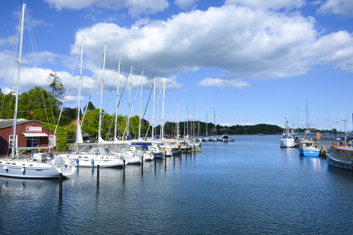 Blick auf den Freizeithafen von Eckernförde zwischen Schiffbrücke und Vogelsang. Aufnahme: 11. Mai 2020.