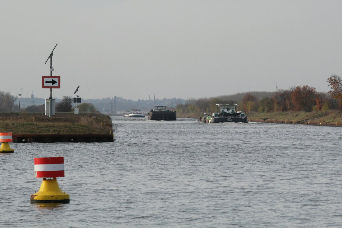 Blick auf den Mittellandkanal am 24.11.2016 / km 318 Richtung Westen. Rechts im Bild der Koppelverband Dick & Dick-1 (08451024 & 08455010). Als erstes wird der KVB den Schubverband mit SB Orion II (05609480) passieren , danach folgt TMS Dettmer Tank 120 (02336967) und das GMS Lusitania (04005670). 