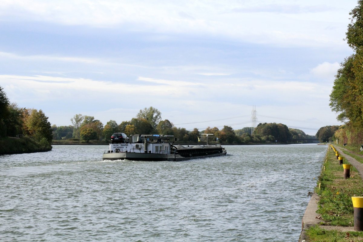 Blick auf den Mittellandkanal am Abzweig des Stichkanales Salzgitter. GMS Silvia (06002763) fuhr am 11.10.2019 zu Tal. 