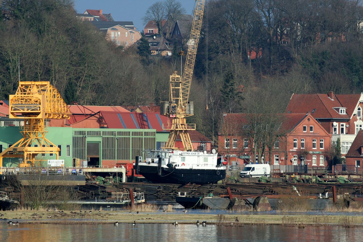 Blick von Hohnstorf am südlichem Elbeufer auf die Hitzler-Werft in Lauenburg und das SB Dettmer Schub 125 (05603850) am 08.02.2018.