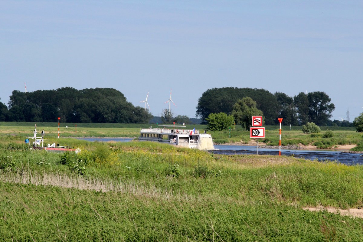 Blick von der L128 zw. Mauken und der Fähre Pretzsch auf die Elbe zu Berg am 08.06.2017. Das KFGS Elbe Princesse (01840744) fährt Richtung Meissen , Dresden und Prag.