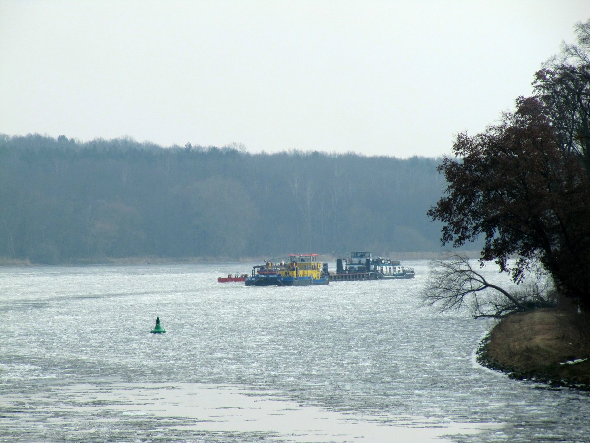 Blick von der Nedlitzer Südbrücke auf den Jungfernsee / UHW am 05.03.2018. SB Ronja (05802220) fährt zu Berg nach Berlin und begegnet den zu Tal fahrenden Schubverband mit SB Eddi (05801380).