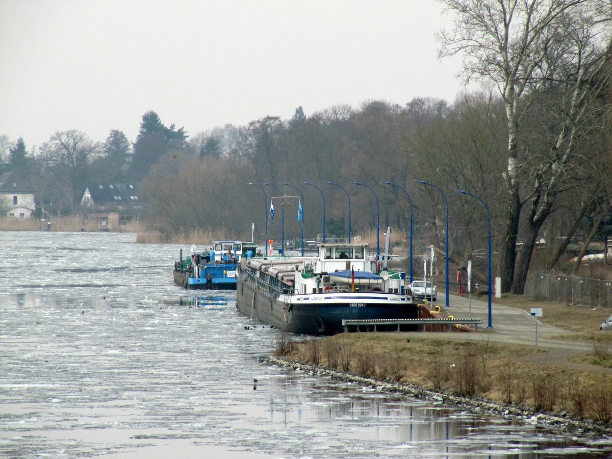 Blick von der Nedlitzer Südbrücke auf die Liegestelle Nedlitz am 05.03.2018. GMS Harmonie (04009040) und das SB Nicole (05604270) sind festgemacht.