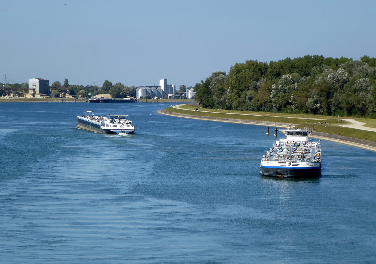 Blick von der Rheinschleuse in Rheinau(Rhinau)/Elsa fluabwrts mit den zwei Tankschiffen TMS  Mevo  (links) und TMS  Nicole II , Sept.2016