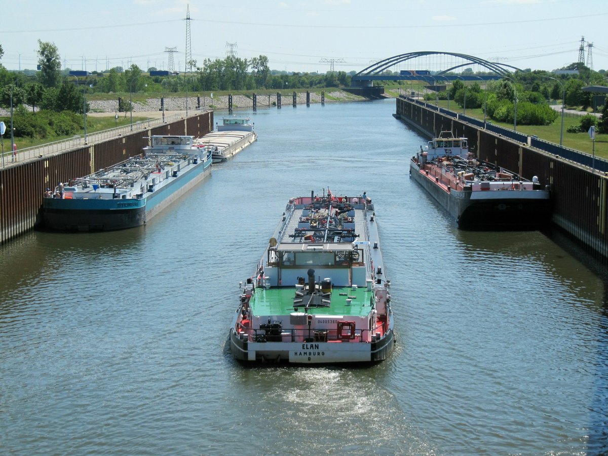 Blick von der Schleusenbrücke Rothensee auf den gleichnamigen Verbindungskanal am 19.06.2017. Das TMS Elan (04005380) wurde zu Tal geschleust und fährt zum Löschen in den Hafen Magdeburg. Die TMS Dettmer Tank 53 (04017280) , Steinburg (04812070) und das GMS Fatum (04805290) warten auf die Einfahrt zur Bergschleusung Richtung Mittellandkanal.