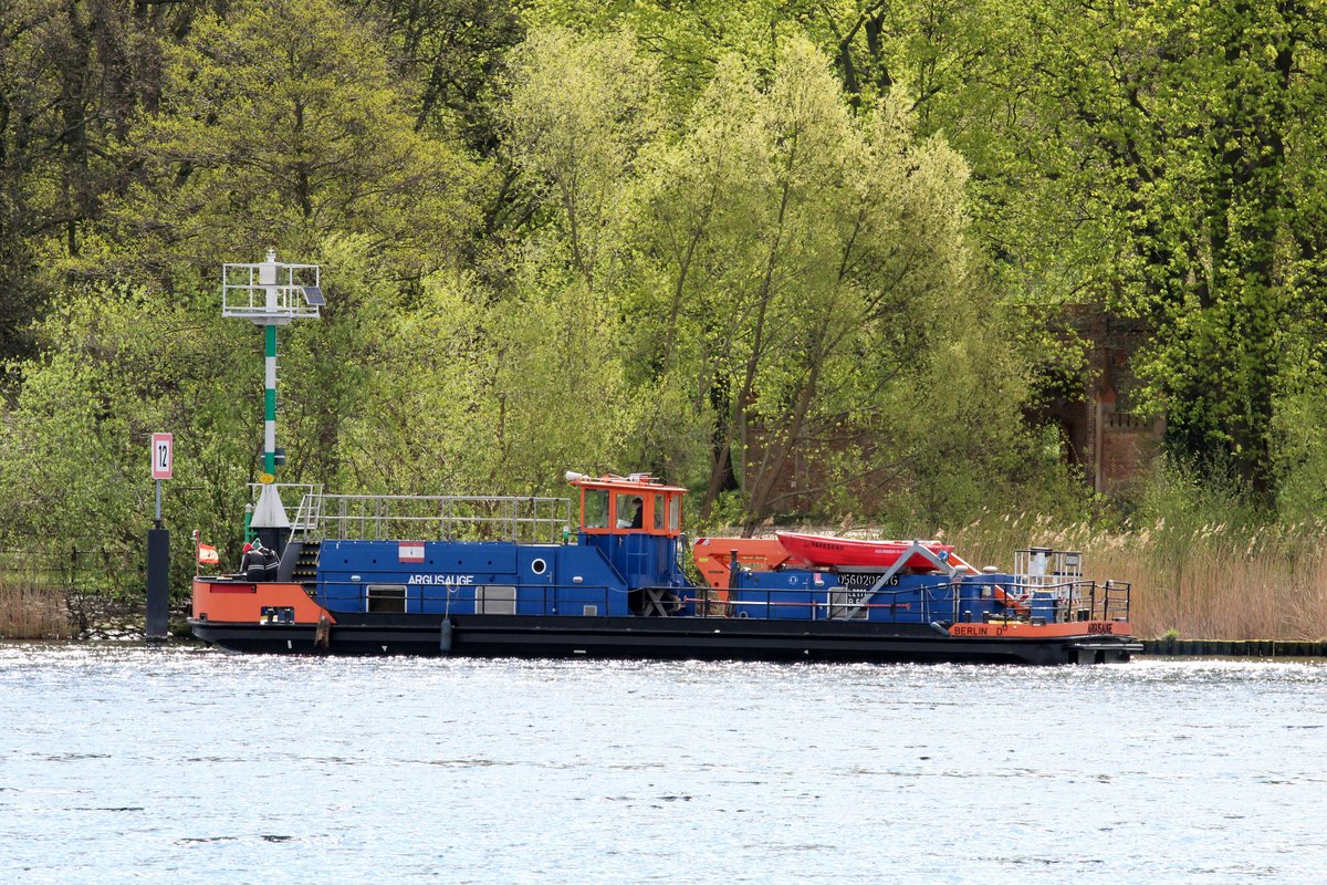 Brückenuntersuchungsschiff Argusauge (05602060 , 21,11 x 6,38m) am 19.04.2017 auf der Havel am Krughorn zu Berg.