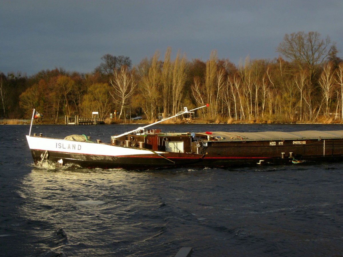 Bug des GMS Island (04015700 , 77 x 8m) am 08.01.2016 zw. Krughorn (zu Berlin) und Meedehorn (zu Potsdam) auf der Havel zu Tal.