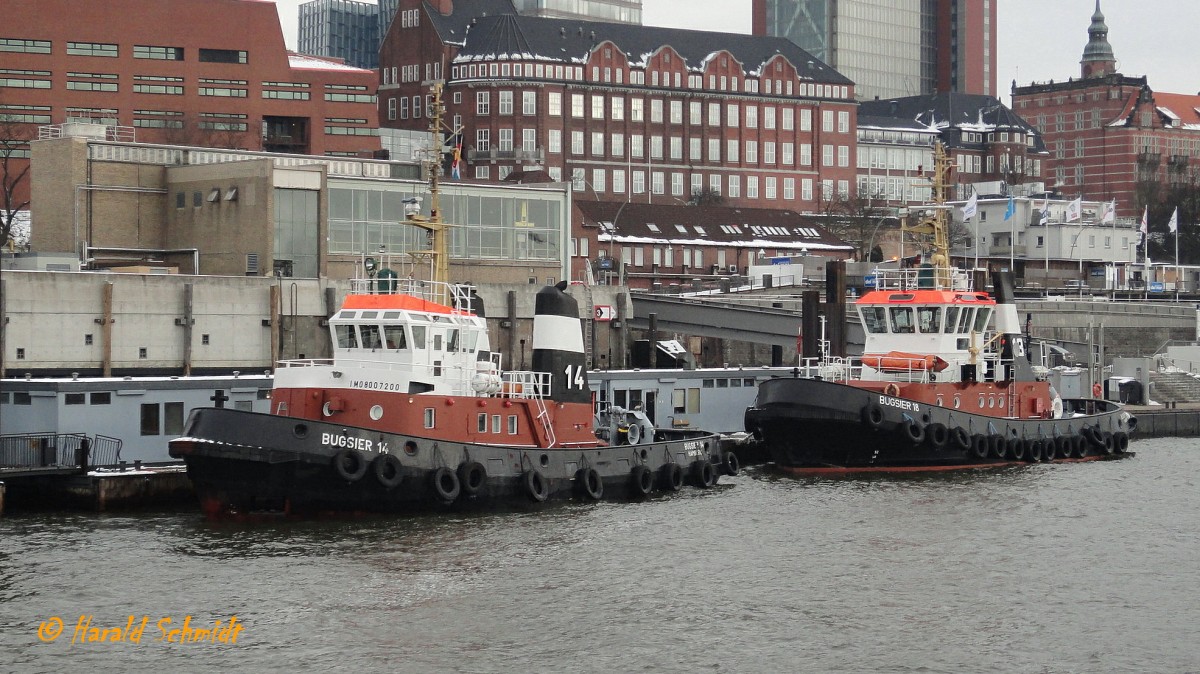 BUGSIER 14 und 18 am 13.3.2013, Hamburg, Schlepperponton St. Pauli /

BUGSIER 14 (3) (IMO 8007200) 
Schottel-Schlepper / GT 190 / Lüa 26,38 m, B 8,84 m, Tg 4,7 m / 2 Deutz-Diesel, SBA 6 M 528, ges. 1297 kW, 1764 PS, 11,5 kn, Pfahlzug 29 t / 1980 bei Siegholdt, Bremerhaven /

BUGSIER 18 (2) (IMO 9036246)  
Schlepper (Voith-Schneider Tractor) / BRZ  240 / Lüa 28,3 m, B 9,0 m, Tg 4,6 m / 2 Deutz-Diesel, SBV 6 M 628, ges. 2250 kW, 3060 PS, 2 Voith-Propeller, 26 G II / 165, 12 kn, Pfahlzug 31 t / gebaut 1992 bei P + S Werften, Wolgast /
