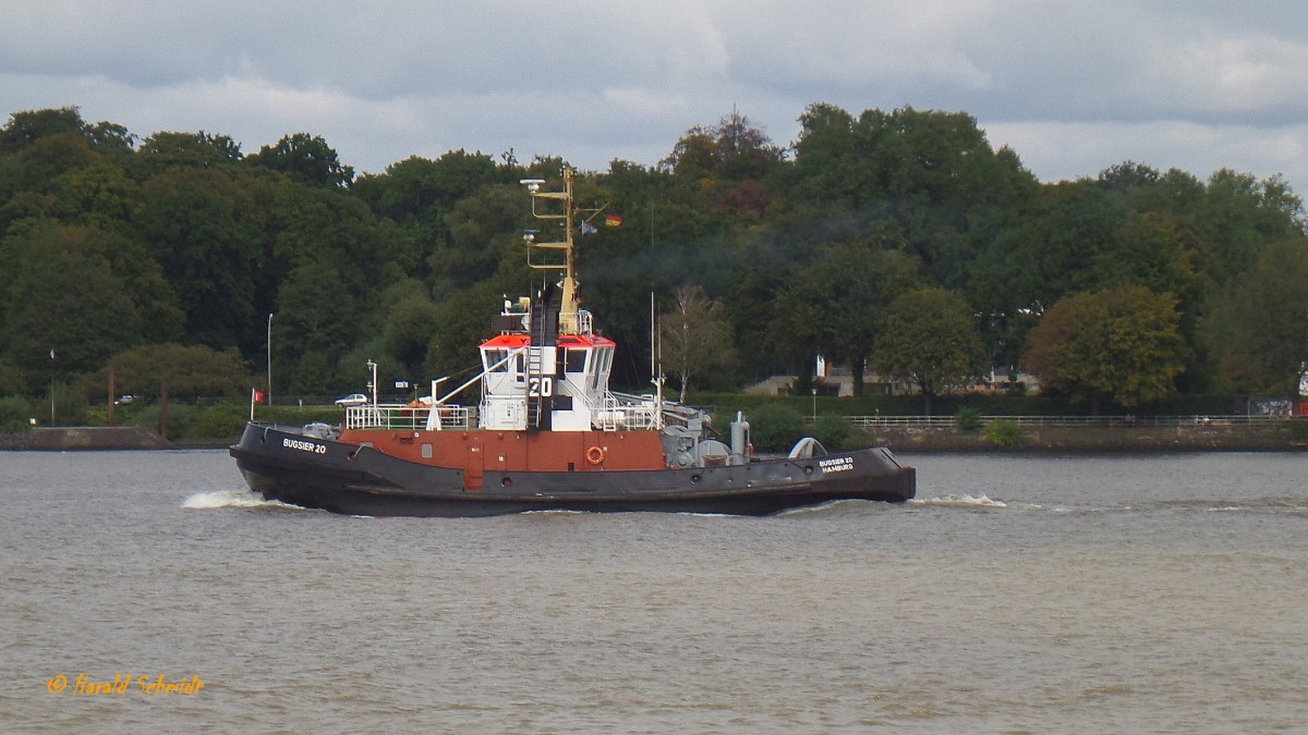 BUGSIER 20 (1) (IMO 9158484) in Fahrt am 8.9.2015, Hamburg, Elbe, Höhe Bubendeyufer / 
Schlepper (Voith-Schneider Tractor) / 210 / BRZ 359 / Lüa 30.54 m, B 11 m, Tg 5,18 m / 2 Deutz-Diesel, SBV 9 M 628, ges. 3690 kW, 5017 PS, Voith-Propeller 28 G II, 13 kn, Pfahlzug 50,7 t / 1997 bei Hitzler, Lauenburg /