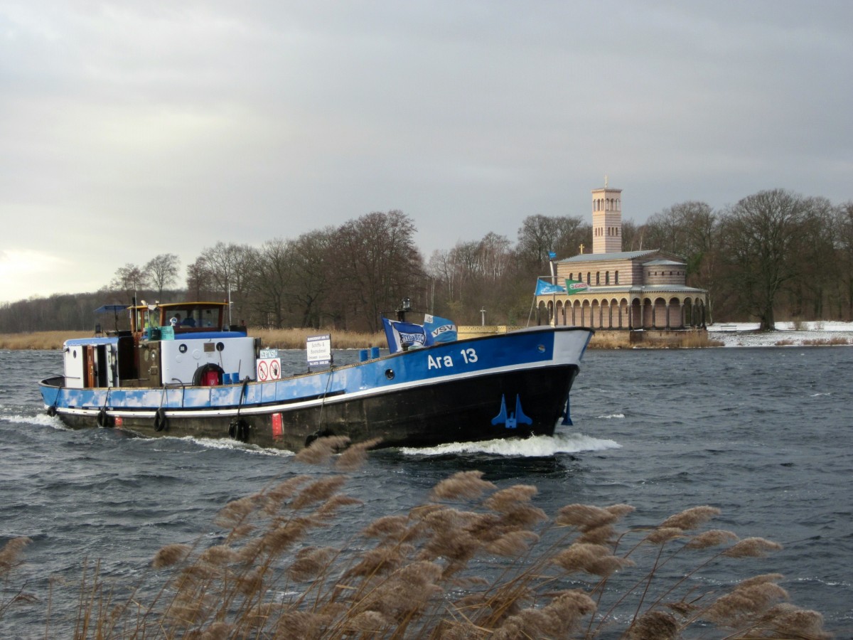 Bunkerboot Ara 13 , ex Aral 13 (05301450 , 27 x 4,80m) am 08.01.2016 auf der Havel zu Berg zw. Krughorn (zu Berlin) und Sacrow (zu Potsdam).