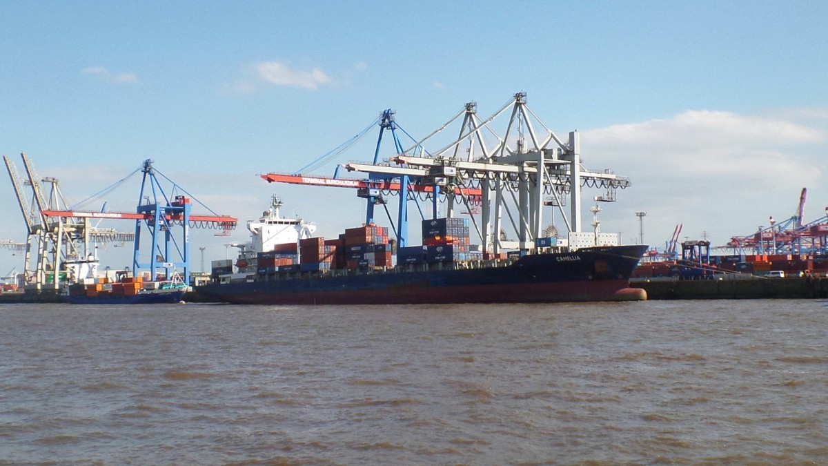 CAMELLIA (IMO 9314947) am am 6.6.2015, Hamburg, Elbe, Liegeplatz Athabaskakai  /
Ex-Name: CMA CMG CAMELLIA (2006-2008) /
Containerschiff / GT 27.779 / Lüa 221,2 m, B 30 m, Tg 12 m / 1 Diesel, MAN B&W, 7K80MC-C, 25.279 kw, 34.380 PS, 24 kn / TEU 2824, davon 586 Reefer / gebaut 2006 in Süd Korea / Flagge + Heimathafen: Hong Kong / 
