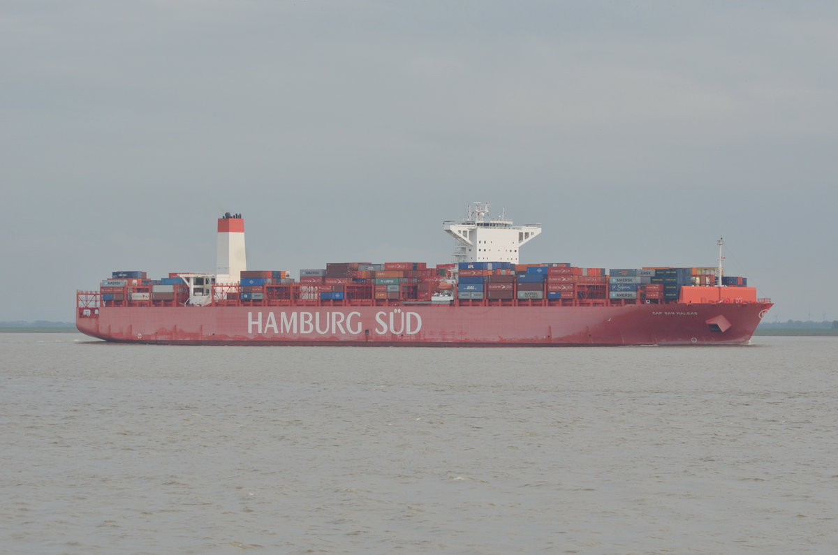 Cap San Maleas,  Containerschiff,  Heimathafen  Singapore, IMO: 9633941, Baujahr: 2014, Container: 10500 TEU, Länge: 333.20 m, Breite: 48.20 m, Tiefgang: 14.00 m, Maschinenleistung: 40670 KW, Geschwindigkeit: 21.00 kn. 