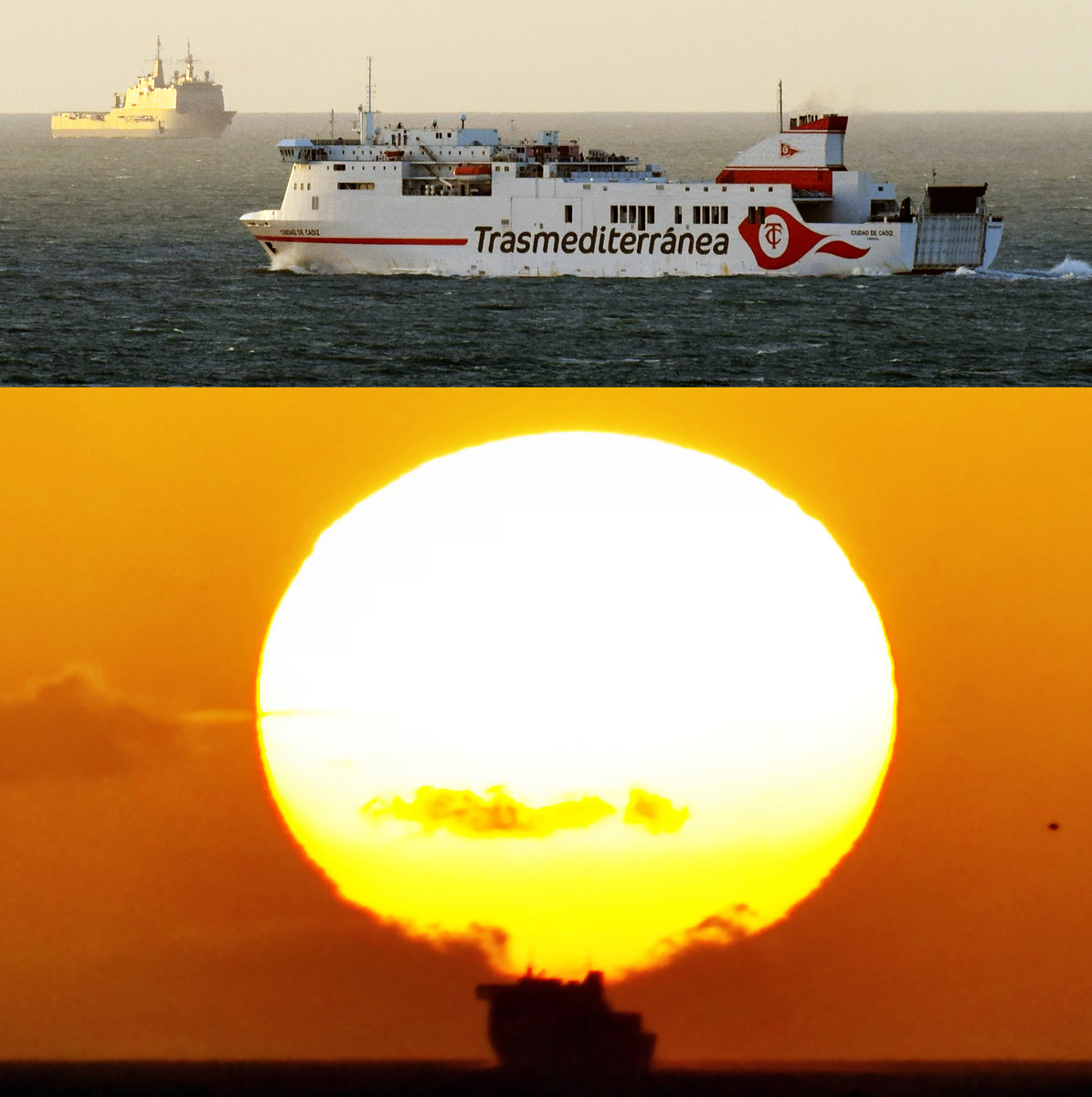 CIUDAD DE CADIZ fährt bei Cadiz am 5.11.2019 in den Sonnenuntergang  hinein . 