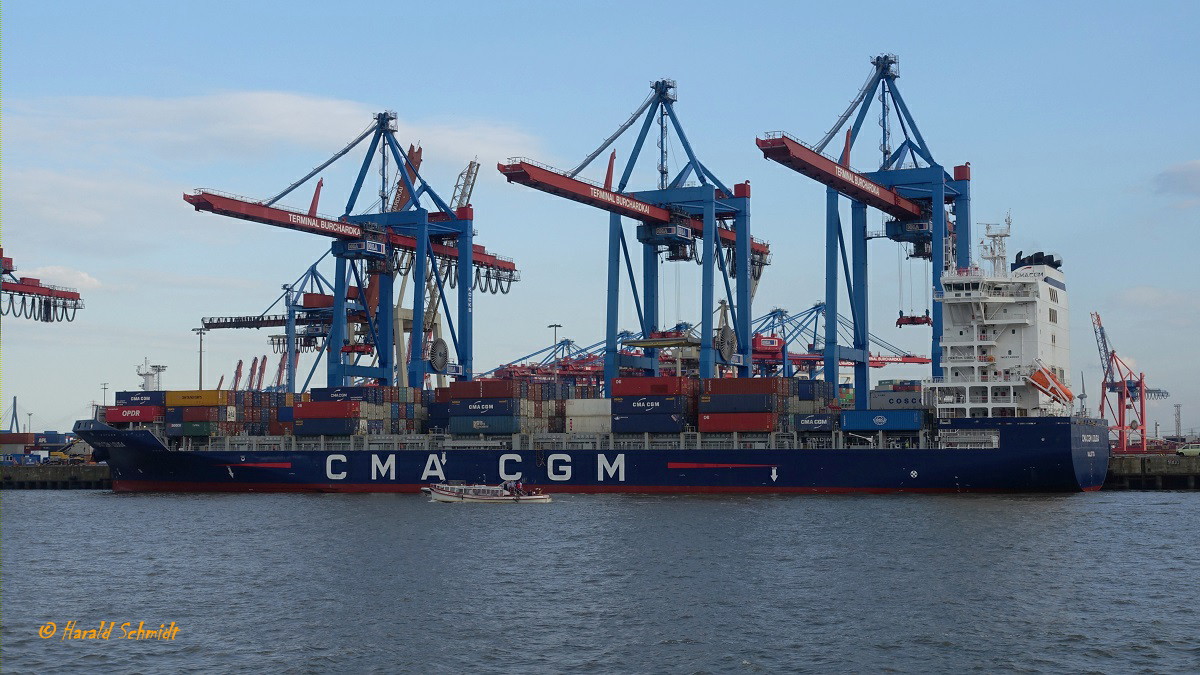 CMA CGM LOUGA (IMO 9745550) am 14.8.2019, Hamburg, Elbe, Terminal Burchardkai, Stromliegeplatz Athabaskakai / 
Feederschiff / BRZ 29.316 / Lüa 195,1 m, B 32,2 m, Tg 11,5 m / 1 Diesel, MAN B&W 6G60ME-C9.5, 16.800 kW (22.842 PS), 20,2 kn / 2.487 TEU, davon 710 Reeferplätze / gebaut 2018 in China / Flagge: Malta /
