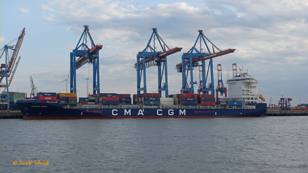 CMA CGM LOUGA (IMO 9745550) am 14.8.2019, Hamburg, Elbe, Terminal Burchardkai, Stromliegeplatz Athabaskakai / 
Feederschiff / BRZ 29.316 / Lüa 195,1 m, B 32,2 m, Tg 11,5 m / 1 Diesel, MAN B&W 6G60ME-C9.5, 16.800 kW (22.842 PS), 20,2 kn / 2.487 TEU, davon 710 Reeferplätze / gebaut 2018 in China / Flagge: Malta /
