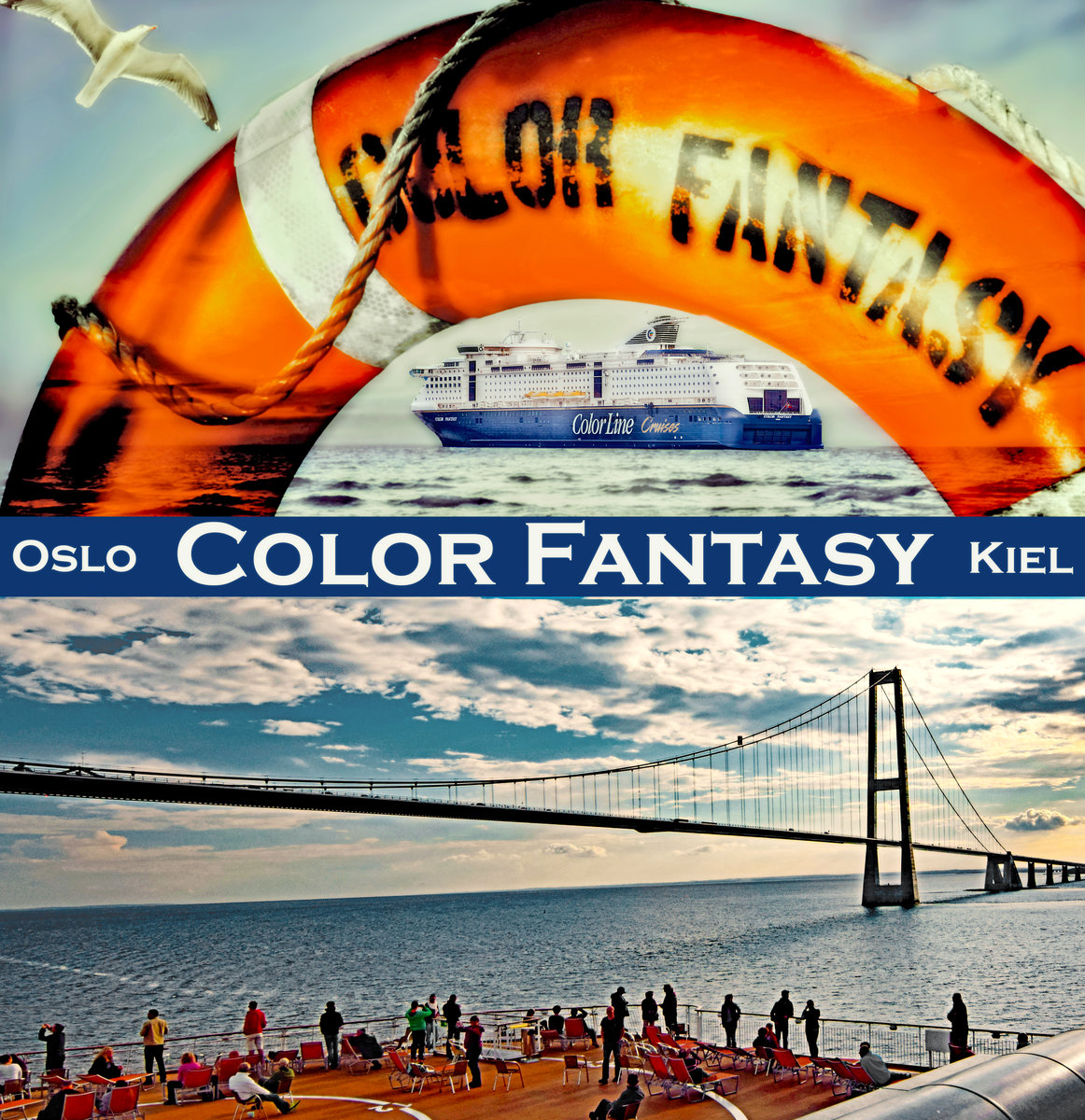Color-Line Fähre COLOR FANTASY in der Ostsee. Das Schiff verkehrt zwischen Kiel und Oslo. Die Storebelt-Brücke, die während der Fahrt passiert wird, ist sehr sehenswert