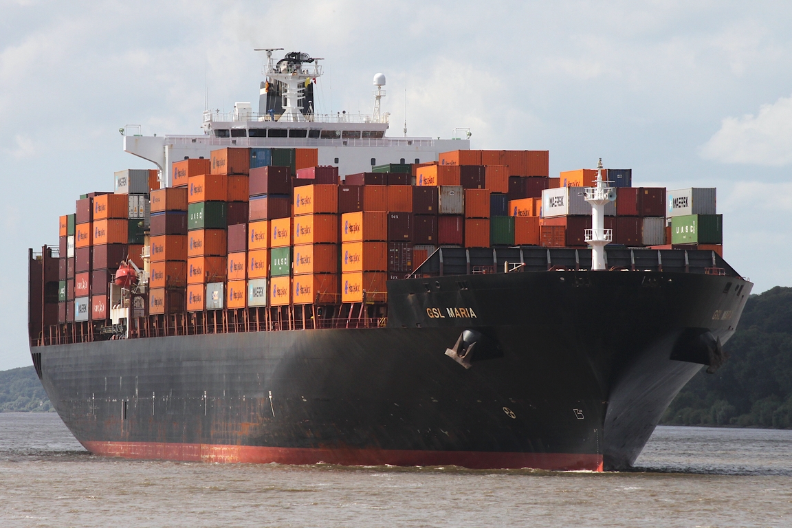 Containerfrachtschiff GSL MARIA (IMO 9231236); Eigner/Betreiber: GSL; Datum: 10.08.2025; Aufnahmeort: Elbe/Hafen Hamburg, Deutschland.