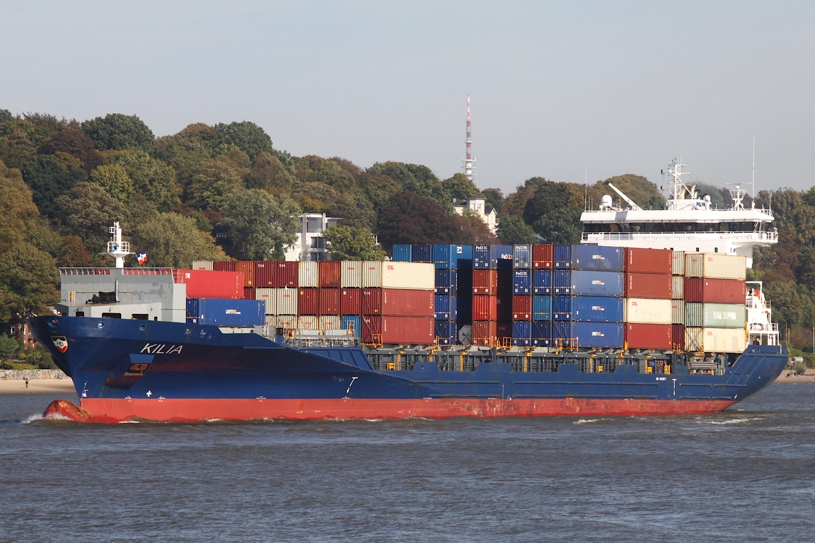 Containerfrachtschiff KILIA (IMO 9412517); Datum: 05.10.2026; Aufnahmeort: Elbe/Hafen Hamburg, Deutschland.