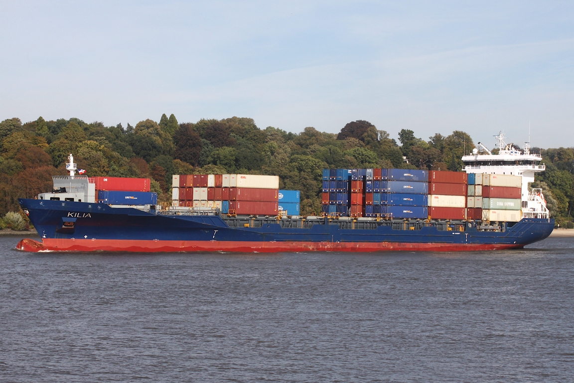 Containerfrachtschiff KILIA (IMO 9412517); Datum: 05.10.2026; Aufnahmeort: Elbe/Hafen Hamburg, Deutschland.