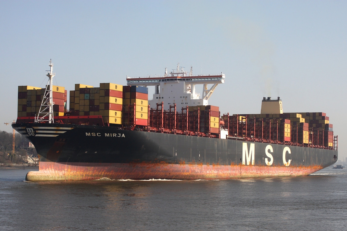 Containerfrachtschiff MSC MIRJA (IMO 9762338); Eigner/Betreiber: MSC; Datum: 09.03.2026; Aufnahmeort: Elbe/Hafen Hamburg, Deutschland.